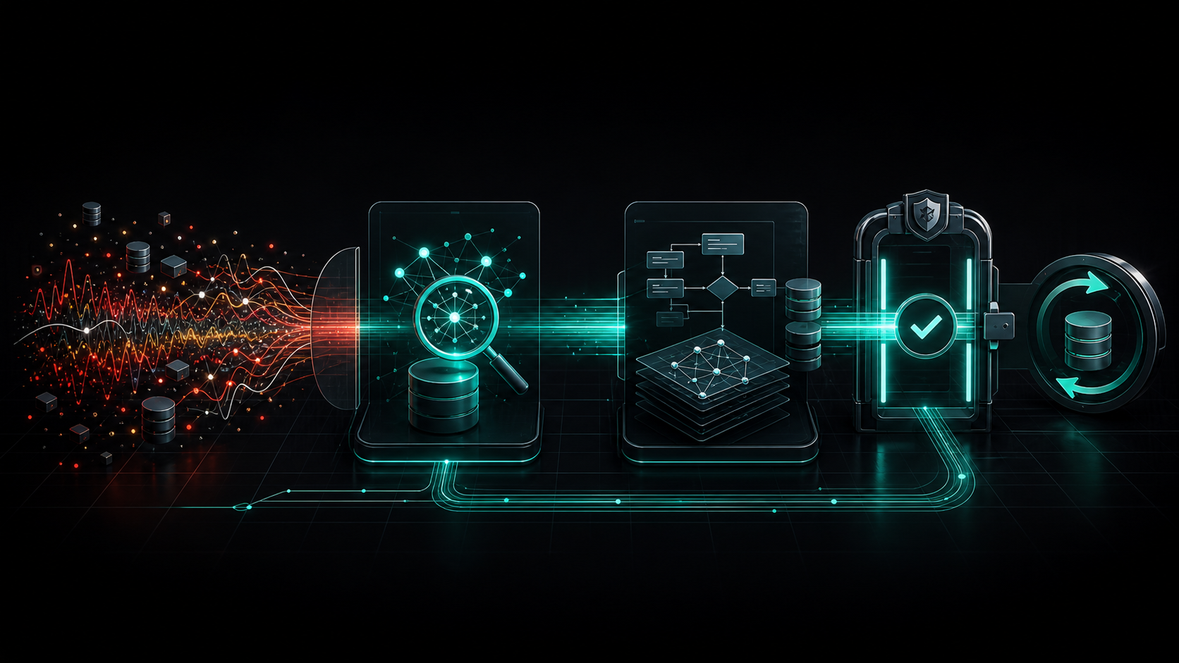 Enterprise illustration showing monitoring noise converted into evidence, governed approval, and rollback-ready SQL Server action