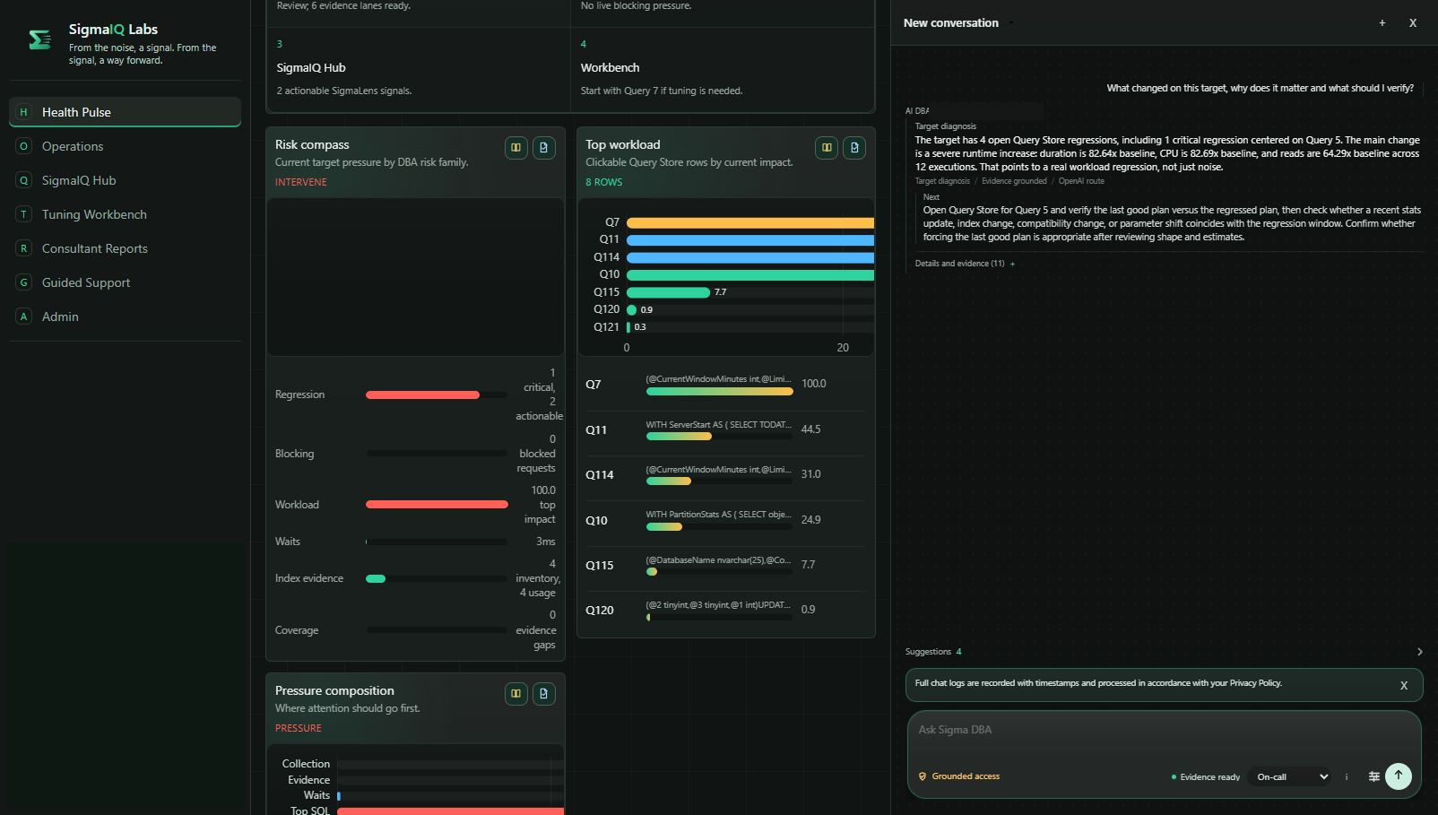 Sigma DBA Agent evidence-backed SQL Server answer beside Health Pulse