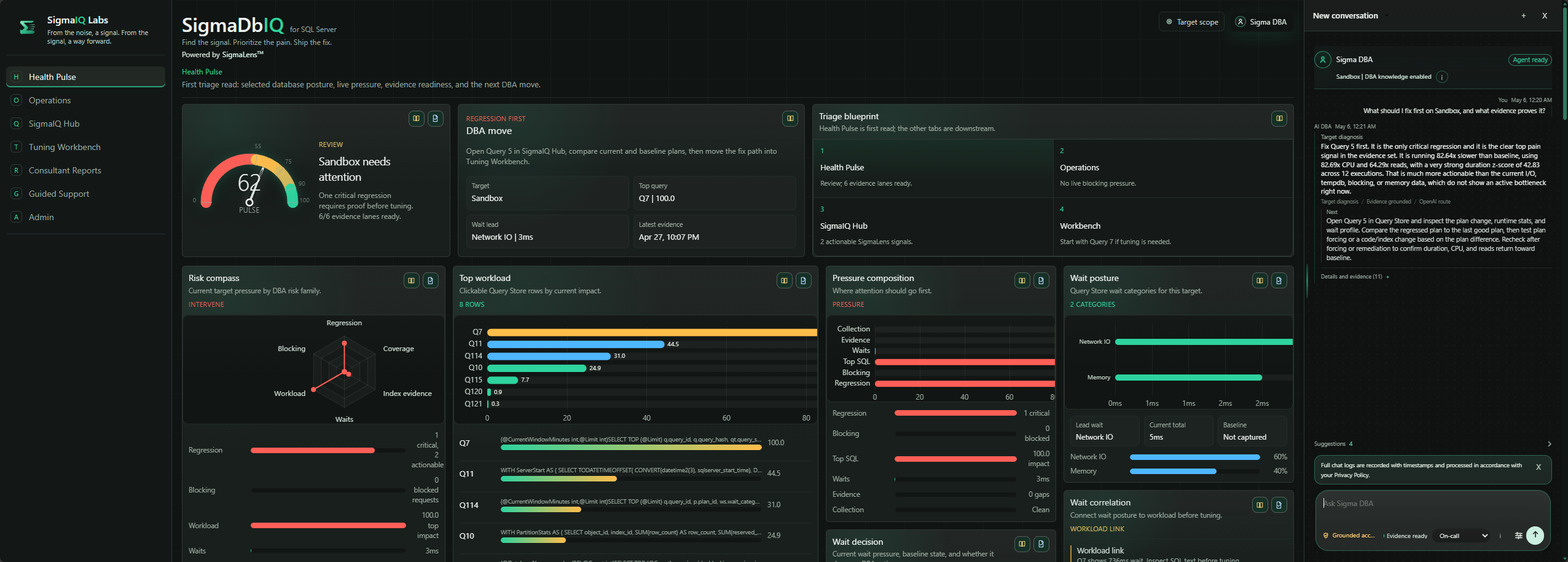 SigmaDbIQ product screen with Health Pulse and Sigma DBA live evidence answer open